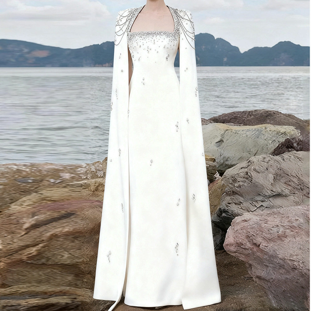 现货欧美明星晚礼服 2025新款重工钉珠挂链披肩袖及地长款连衣裙