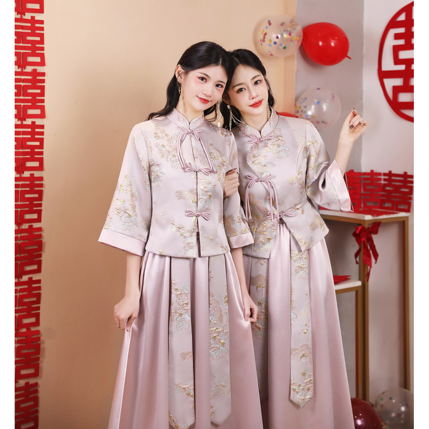 粉色中式复古伴娘礼服裙新款