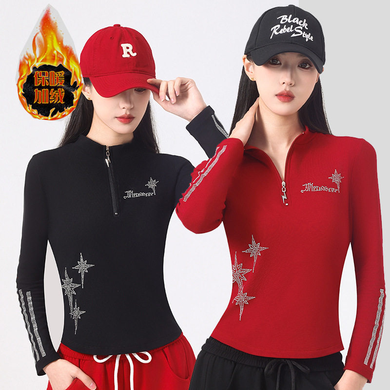 2599秋冬新款广场舞服装女士长袖上衣拉链薄绒运动舞蹈服休闲烫钻