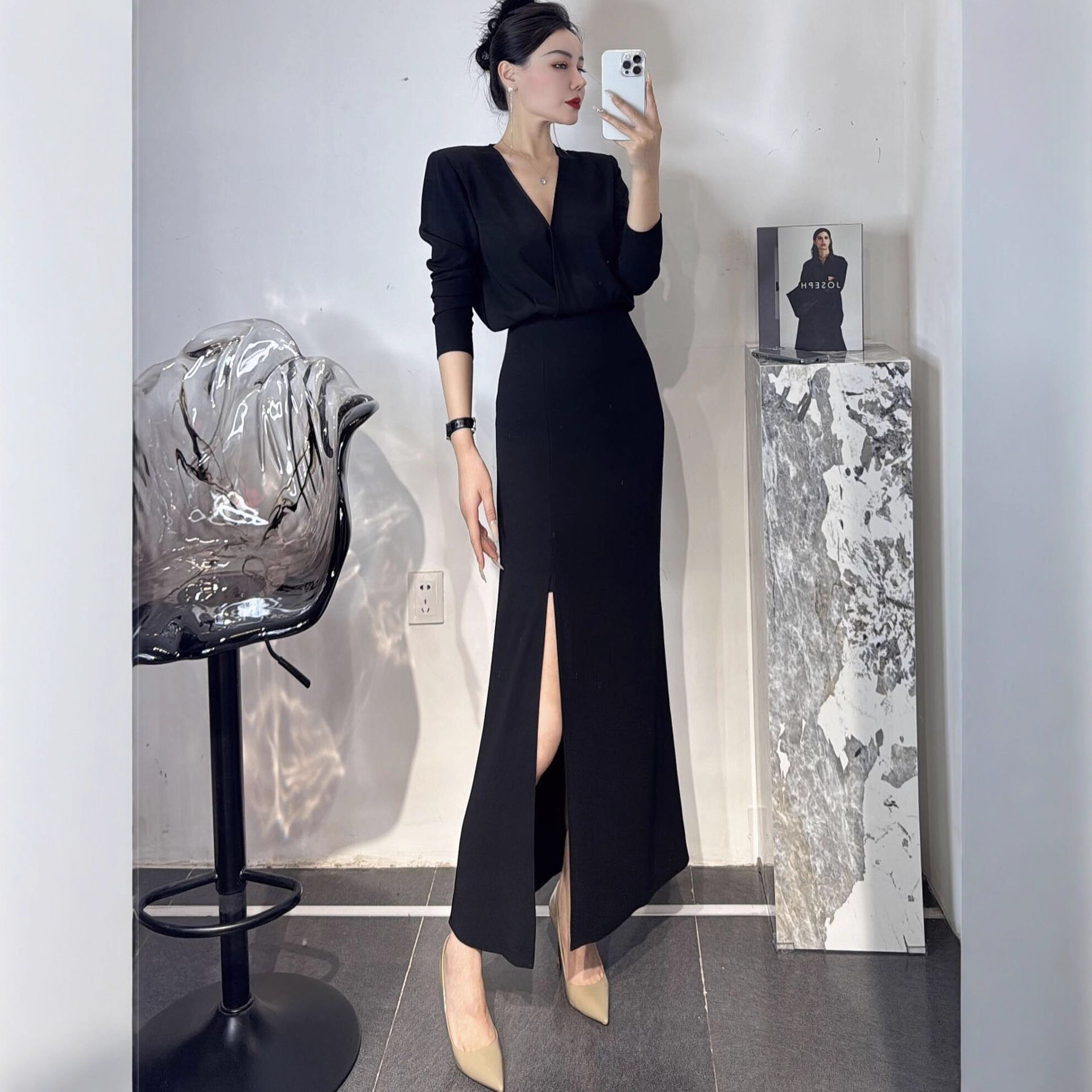6696大码女装秋装新款连衣裙胖妹妹高级感显瘦高腰开叉裙子