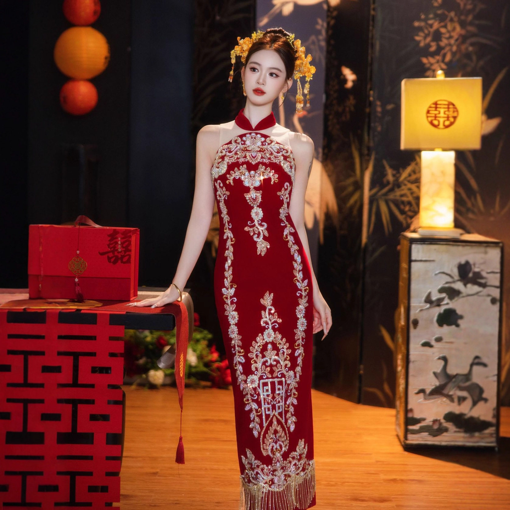 2026新娘新中式婚服重工出阁服V领敬酒服秀和丝绒敬酒出阁