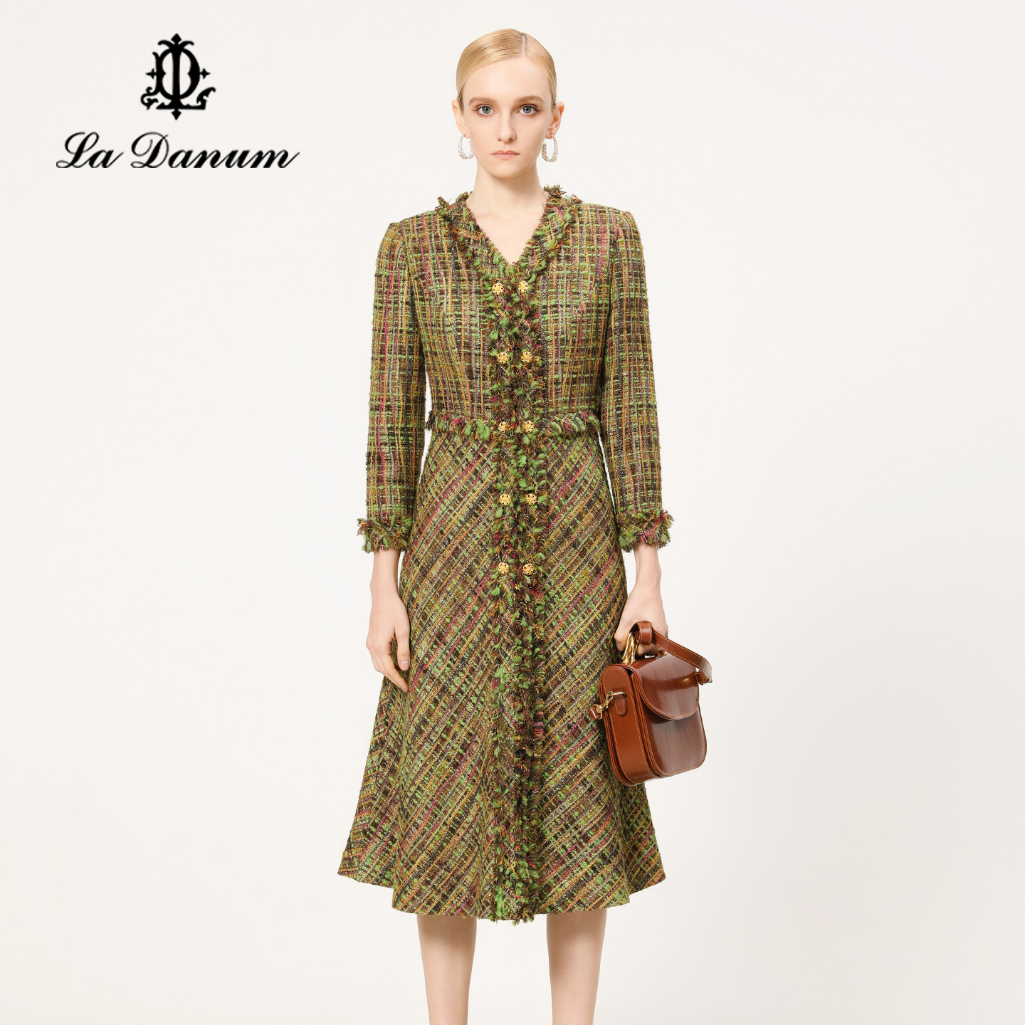 阿丹娜绿色粗花呢收腰连衣裙