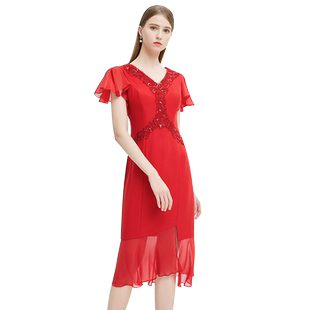 阿丹娜女装夏季百褶开叉刺绣短袖V领长款连衣裙收腰裙子气质流行