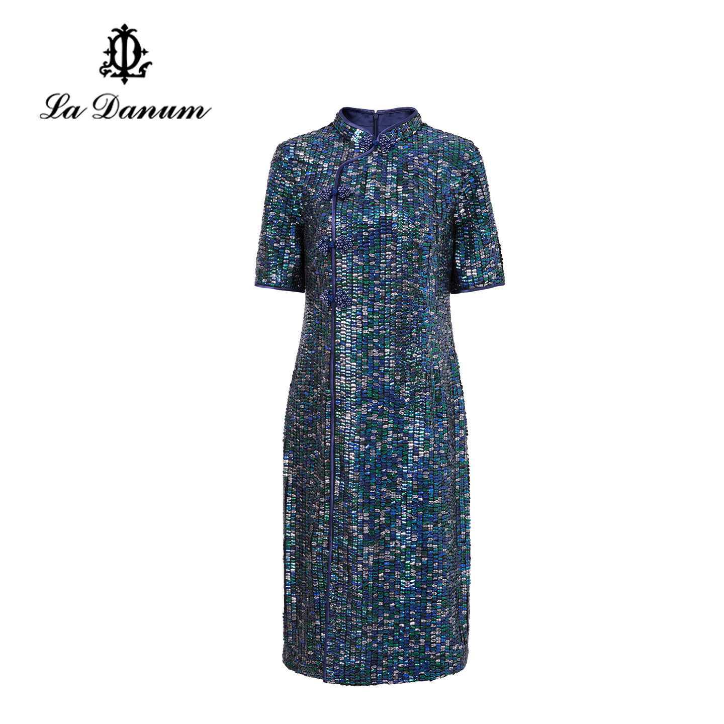 阿丹娜蓝色新中式立领珠片旗袍