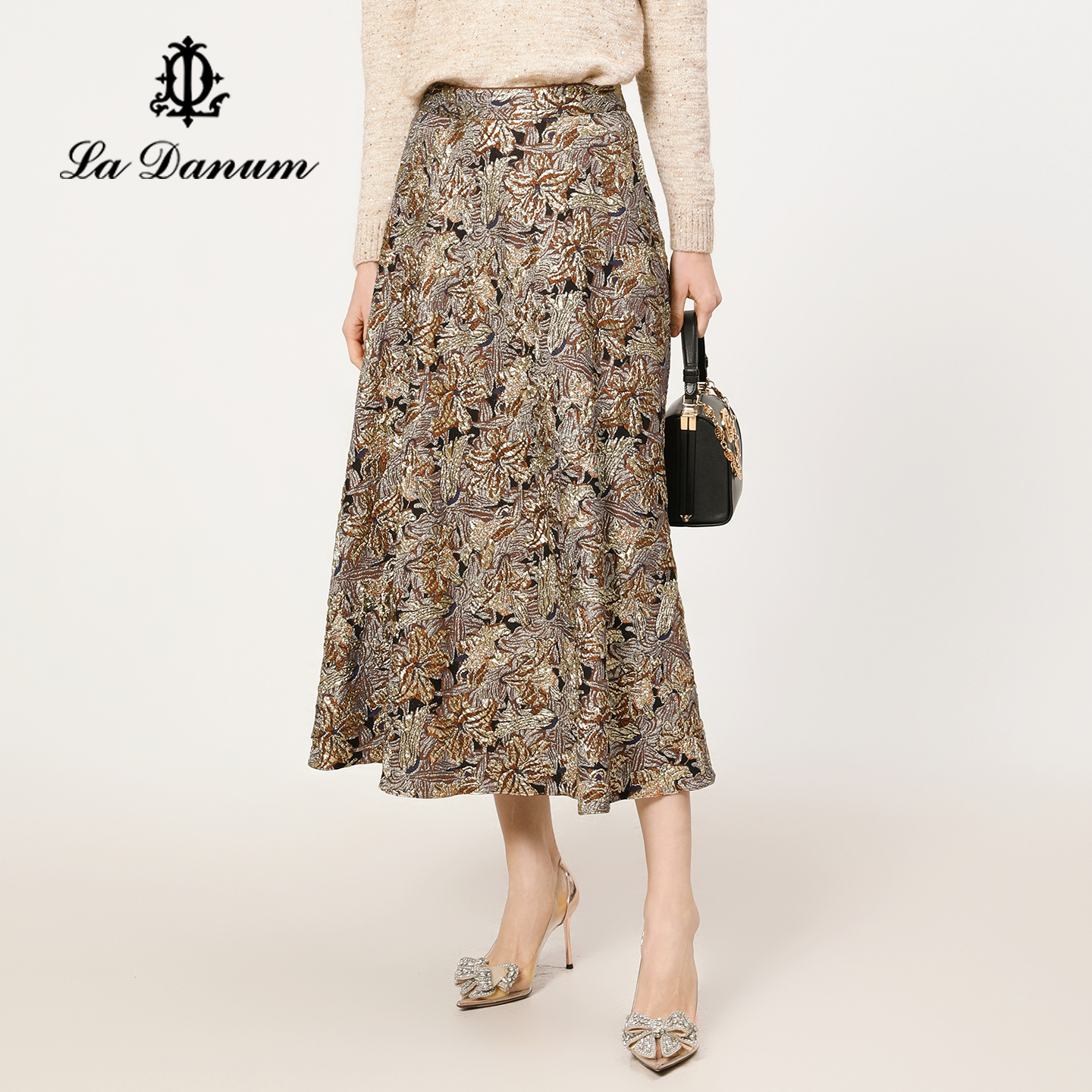 阿丹娜咖色闪葱提花A摆半身裙