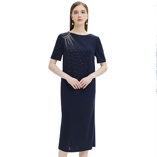 阿丹娜夏季短袖圆领钉珠H版型气质五分袖长款连衣裙淑女装气质