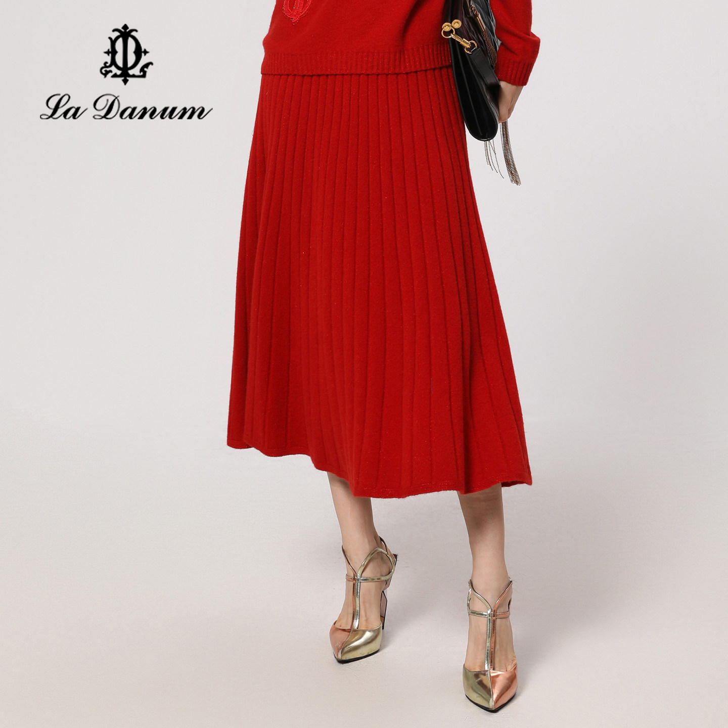 阿丹娜秋冬红色绵羊毛混纺闪葱针织半身裙半裙子A字长裙时尚女装