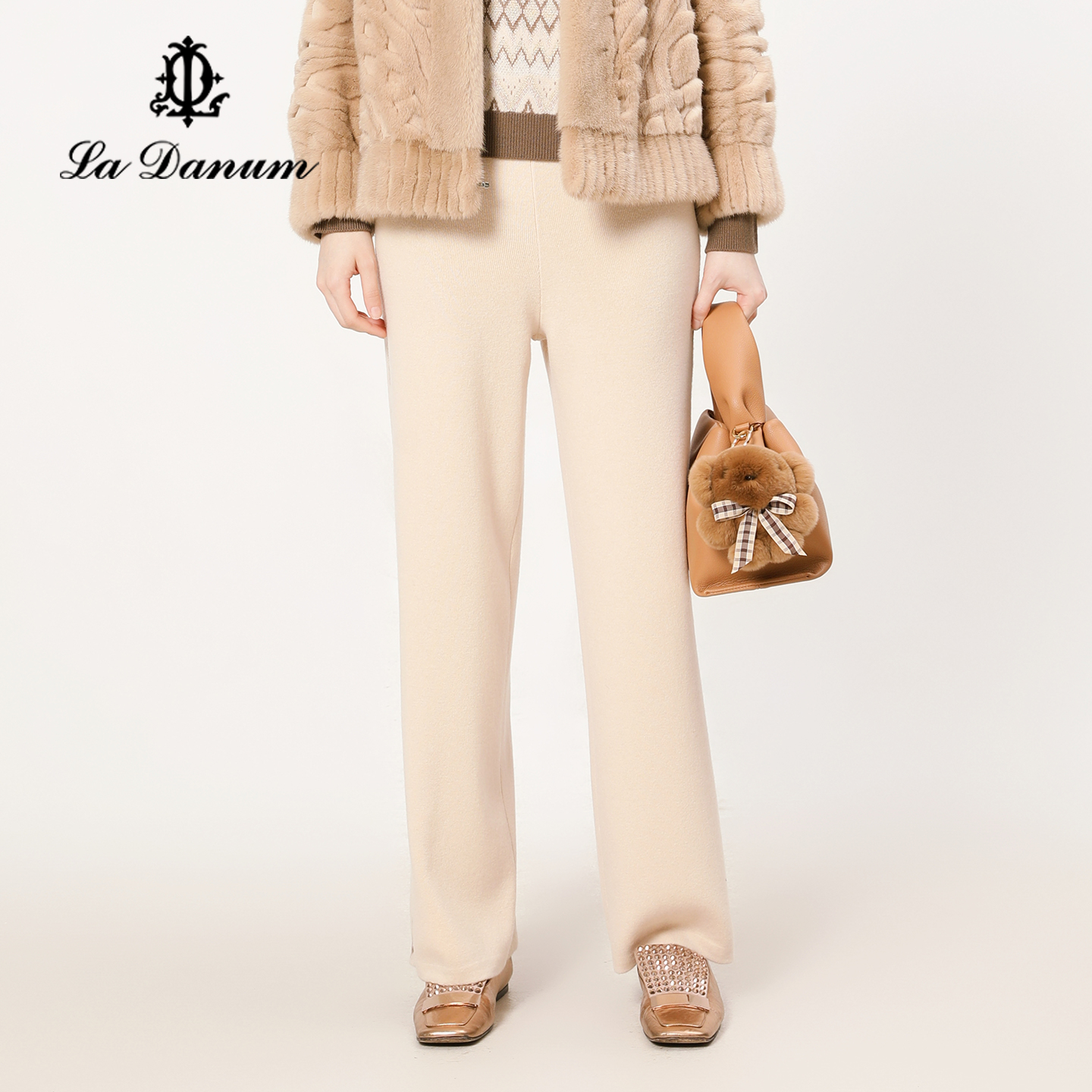 阿丹娜女米色宽松绵羊毛针织裤