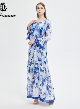 阿丹娜女装夏季印花连衣裙长裙度假裙大裙摆气质时尚LCS472GW0