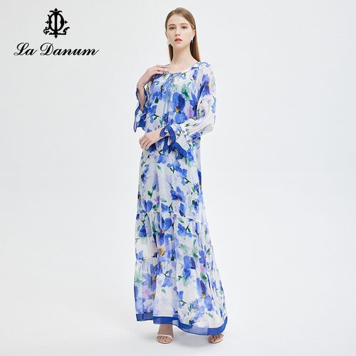 2023春夏新款印花系带领百褶长裙