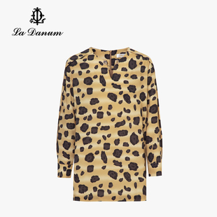 阿丹娜春夏女装豹纹印花雪纺小V领长袖上衣金属链时尚