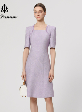 阿丹娜夏季新款紫色闪葱钉珠连衣裙子方领收腰礼裙女装官方正品