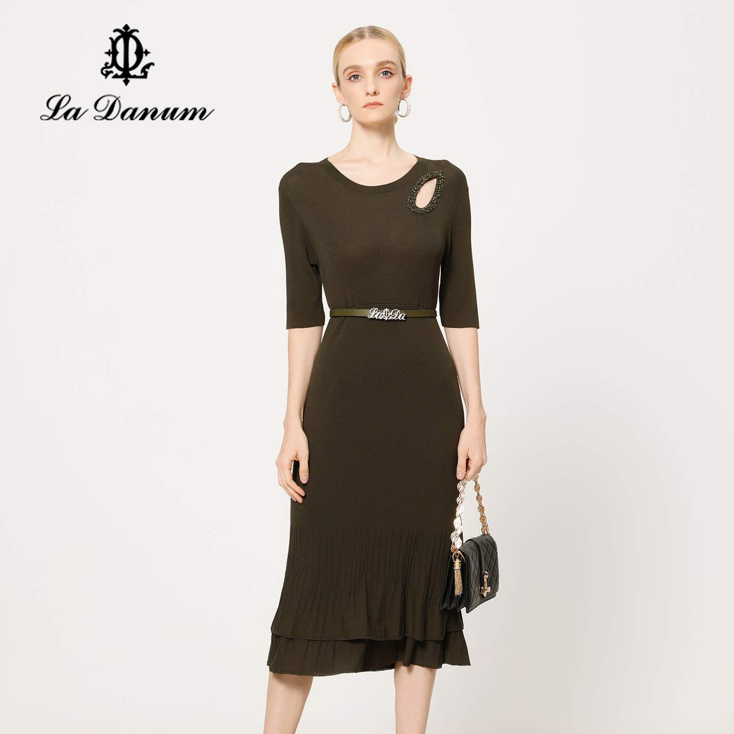 阿丹娜绿色钉珠修身针织连衣裙