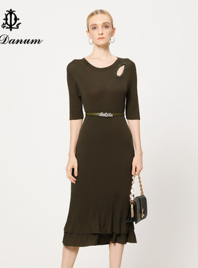 秋冬新款阿丹娜绿色针织连衣裙子钉珠修身女含腰带官方旗舰店正品