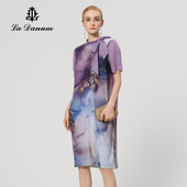 夏季 新款 紫色印花珠片连衣裙子飘带领宽松时尚 阿丹娜女装 官方正品