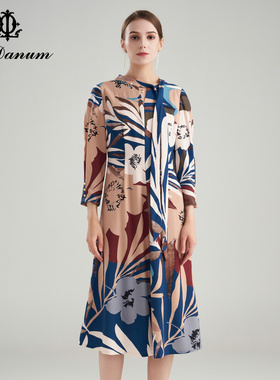 阿丹娜春夏新品女绵羊毛印花系带领中长款连衣裙子长袖LCA682DR0