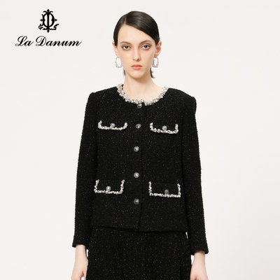 阿丹娜小香风黑色钉珠驼绒外套