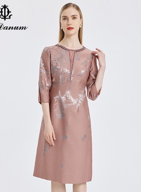 阿丹娜春秋新品女唯美花色钉珠气质款礼服轻奢连衣裙子LCA401DR0