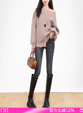 SJOG烟灰色弹力高腰牛仔裤女紧身小脚2026春显瘦提臀靴裤铅笔裤子