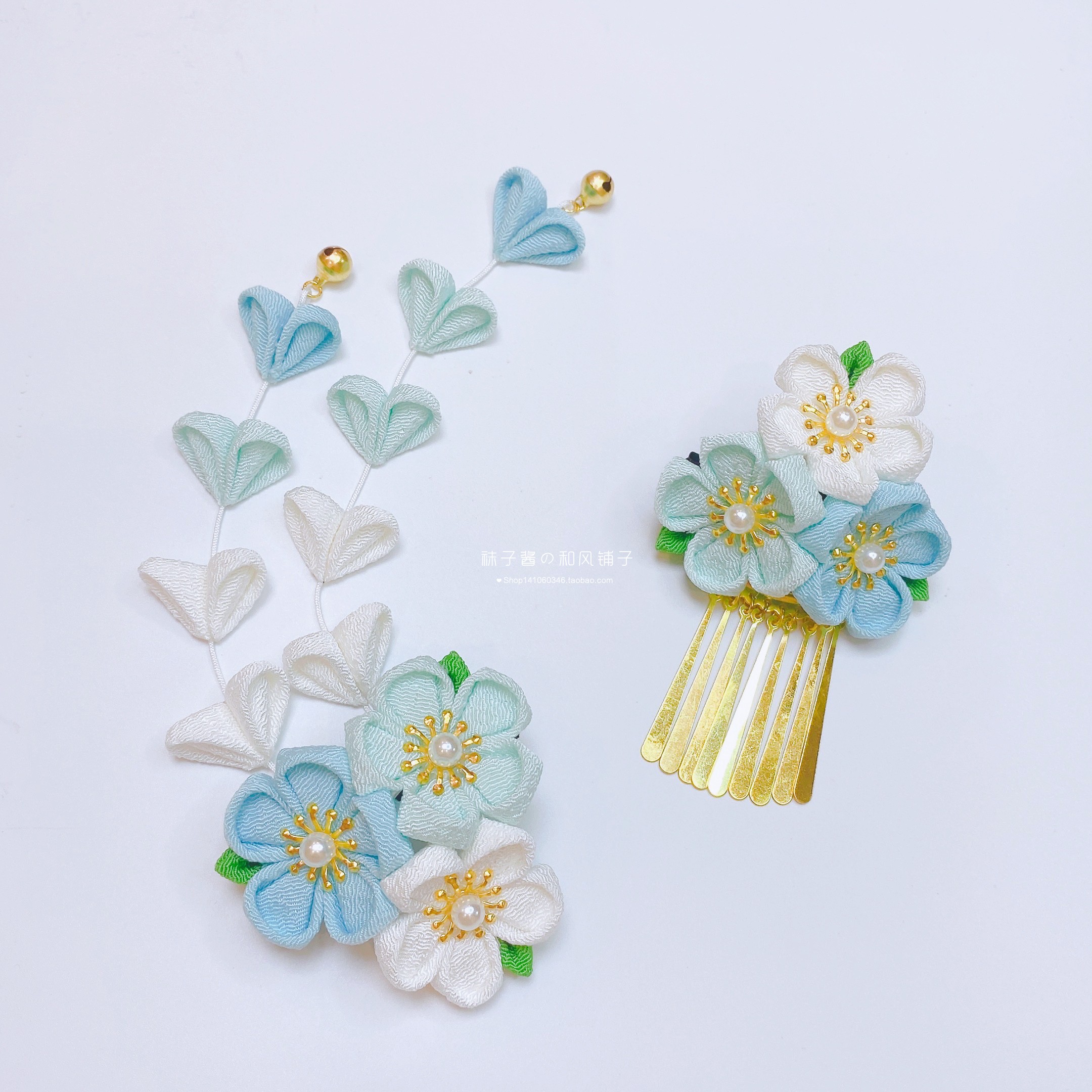 古风樱花浅蓝绉布和服浴衣发饰