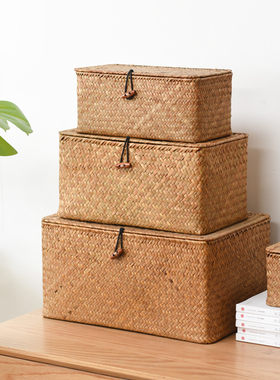 编织竹筐海草竹编收纳盒竹箱子复古篮筐藤编竹篮竹盒子草编收纳筐