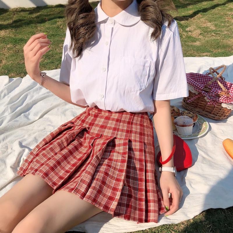 jk大码格子高腰学生半身裙