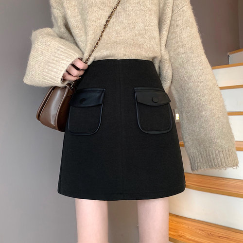 大码毛呢半身裙秋冬胖mm学生遮胯