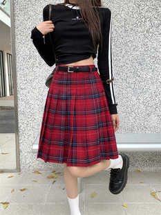 复古格子百褶裙半身裙女中长款春夏季大码学院风jk高腰格纹A字裙