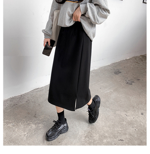 大码毛呢半身裙女秋冬胖mm两侧开叉高腰中长款宽松显瘦一步长裙子