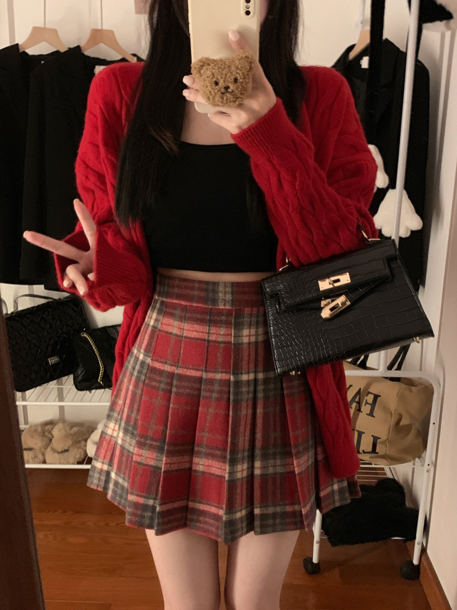 美式毛呢格子百褶裙女大码