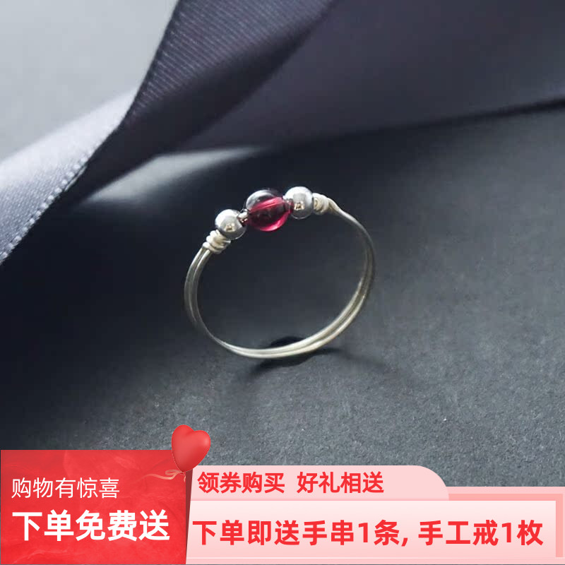 【爱情守护】999足银手工戒指女石榴石生辰胖手大号细款小指尾戒