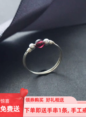 【爱情守护】999足银手工戒指女石榴石生辰胖手大号细款小指尾戒