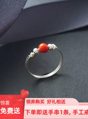 【本命年】手工朱砂99足银戒指女转运珠纳福细款小指胖手大码