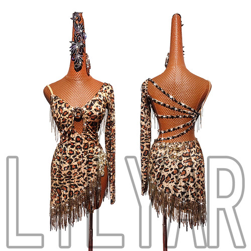 黎丽雅豹纹闪钻流苏镂空欧美舞裙
