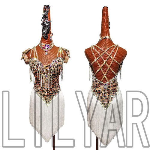 LILYAR新款豹纹白色流苏拉丁舞裙