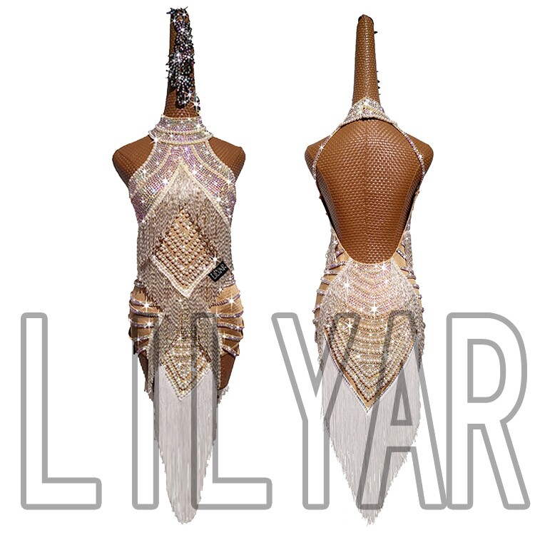 新款拉丁舞比赛服全身满钻珍珠流苏演出服表演服肤色修身长款舞裙