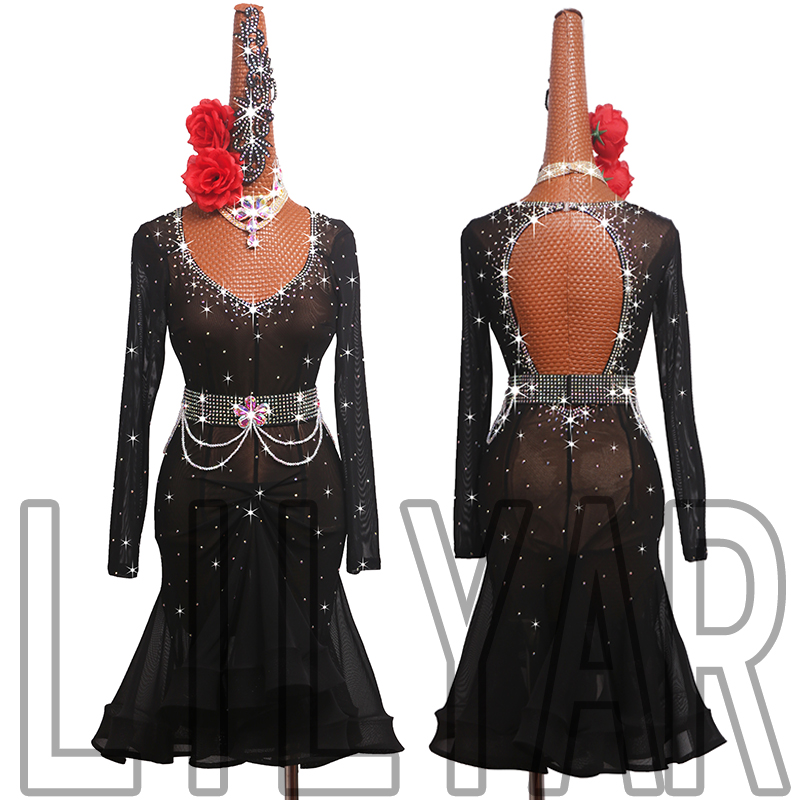 LILYAR新款黑色弹力网拉丁舞裙