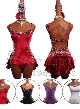 爵士舞现代舞演出服表演服萨萨舞SALSA连体衣酒红高开叉性感绑带
