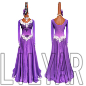 新款 舞裙 摩登舞裙比赛演出表演服紫色弹力网白色绣花闪钻长款