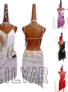 新款拉丁舞裙表演服比赛服成人女儿童白色伦巴流苏紫红黑色定制