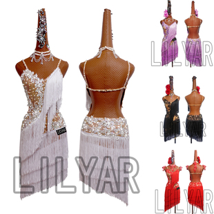 新款拉丁舞裙表演服比赛服成人女儿童白色伦巴流苏紫红黑色定制