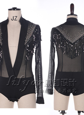 男士拉丁舞服上衣国标舞长袖T恤成人黑色V领广场舞蹈练功服NZ052