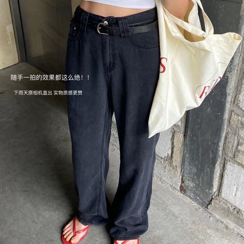 天丝黑色牛仔裤女夏季薄款2025韩版高腰显瘦直筒休闲冰丝阔腿裤子