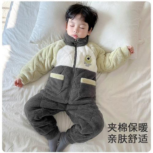 冬季款儿童睡衣男童三层夹棉加绒爽肤绒加厚男孩大眼仔珊瑚绒家居