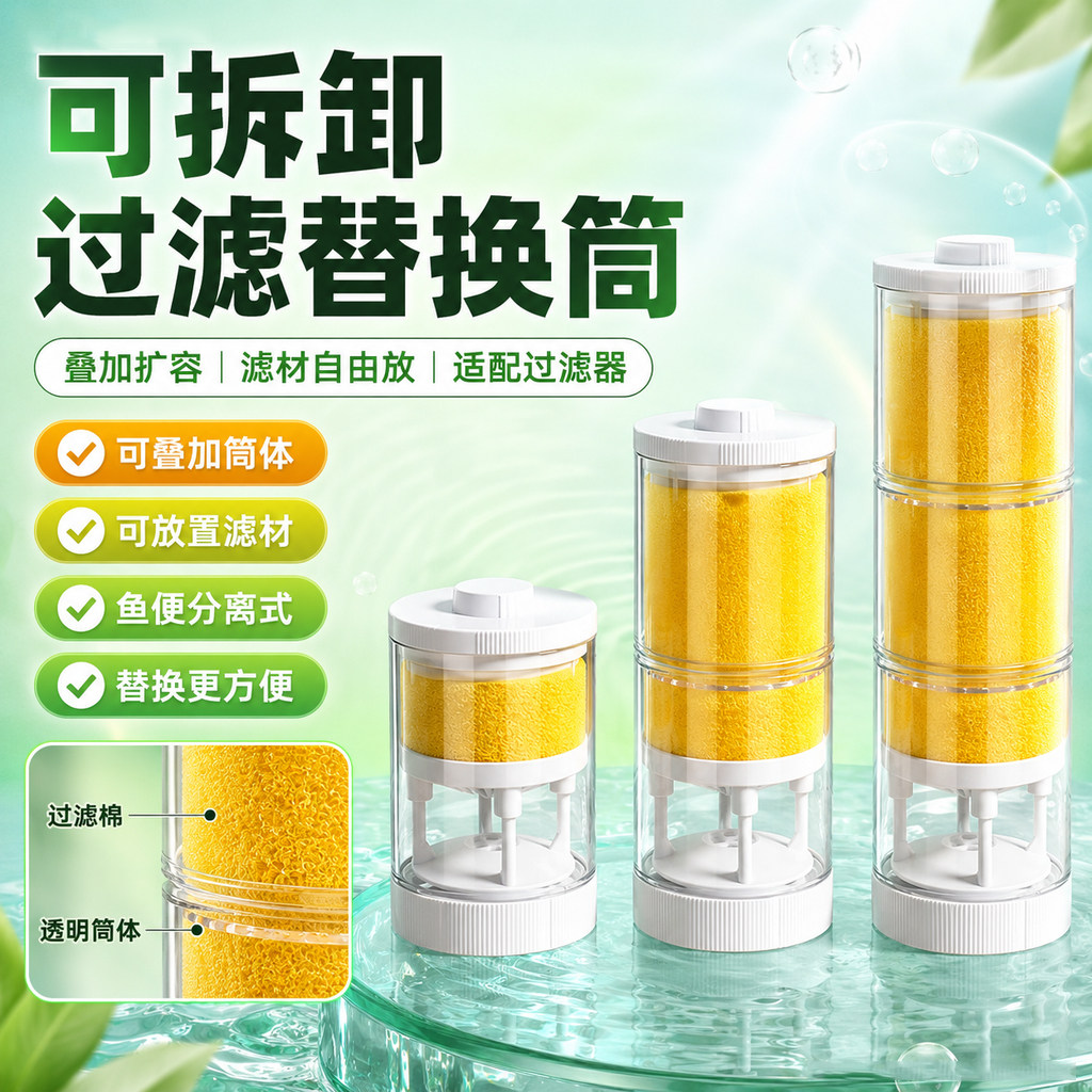 可拆卸鱼缸过滤器鱼马桶配件内置棉粪便分离器过滤筒三合一水泵筒