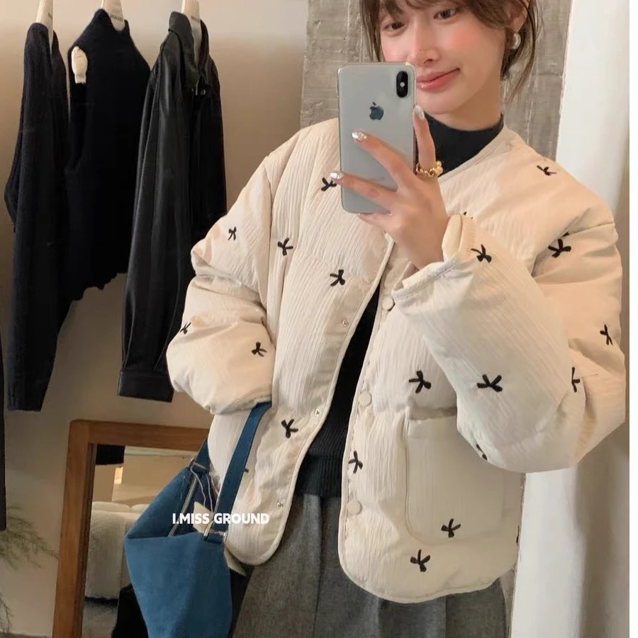 IMISS蝴蝶结刺绣羽绒服女鸭绒纯欲减龄甜美短款羽绒外套保暖