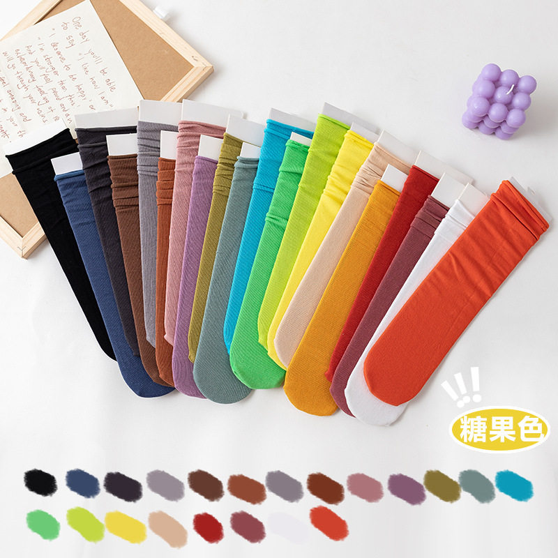 糖果色儿童袜子彩色男女童中筒袜纯色宝宝潮棉堆堆袜
