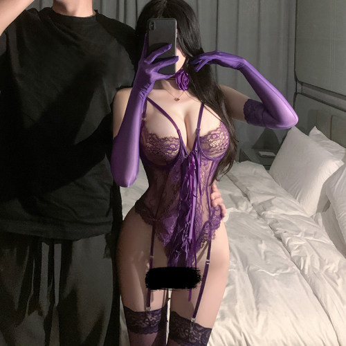 霏慕性感马甲情侣趣味内衣女夏纯欲紫色睡裙蕾丝情侣趣味睡衣套装