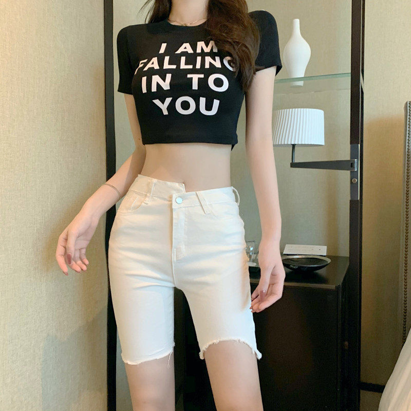 NET RED HONG KONG STYLE HIGH WAIST ELASTIC FOUR TO FIVE POINTS DENIM SHORTS WOMENS RIPPED TIGHTS SLIMMING IRREGULAR RIDING PANTS