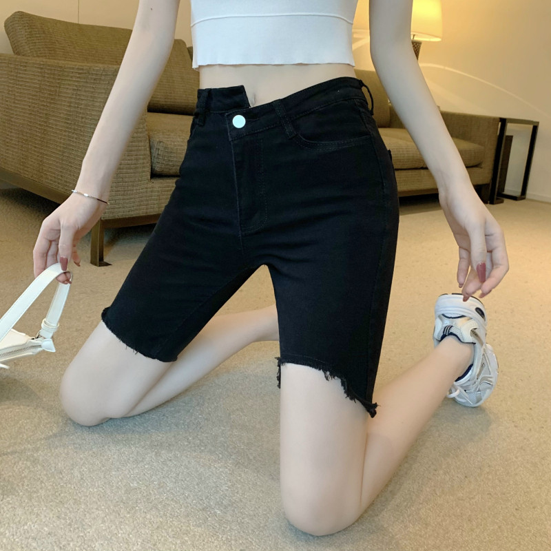 NET RED HONG KONG STYLE HIGH WAIST ELASTIC FOUR TO FIVE POINTS DENIM SHORTS WOMENS RIPPED TIGHTS SLIMMING IRREGULAR RIDING PANTS
